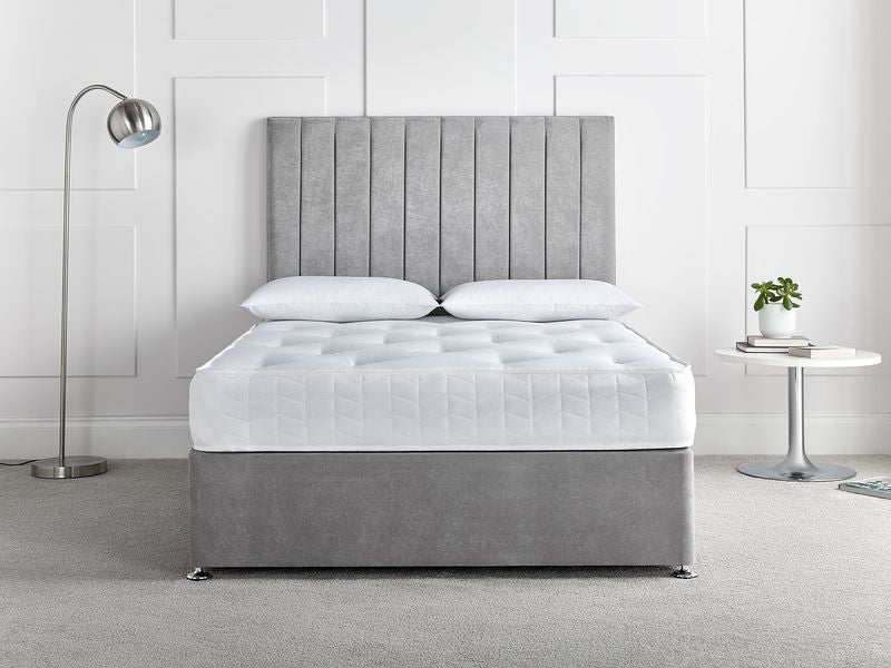 Tulip divan bed in grey fabric with tall panelled headboard