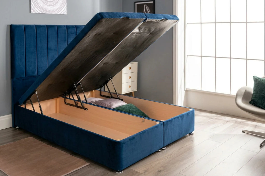 Ottoman end lift storage bed lifted open showing the full-footprint storage space