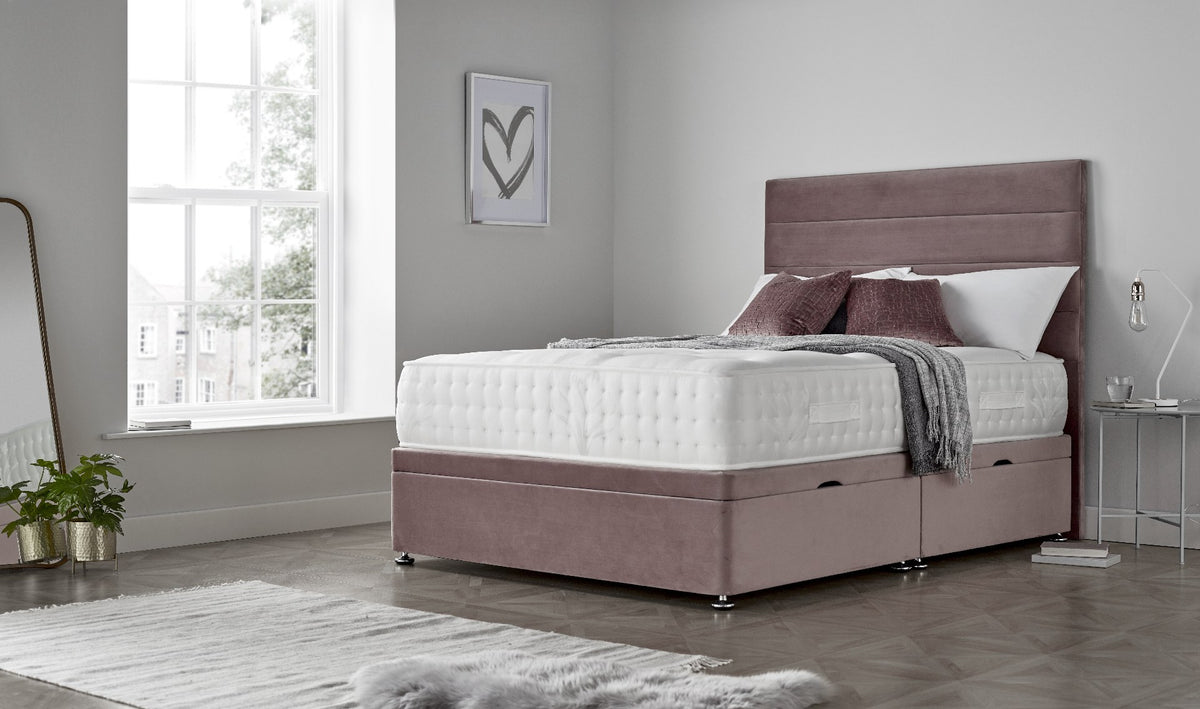 Ottoman Side Lift Storage Bed in plush lilac with matching headboard and mattress