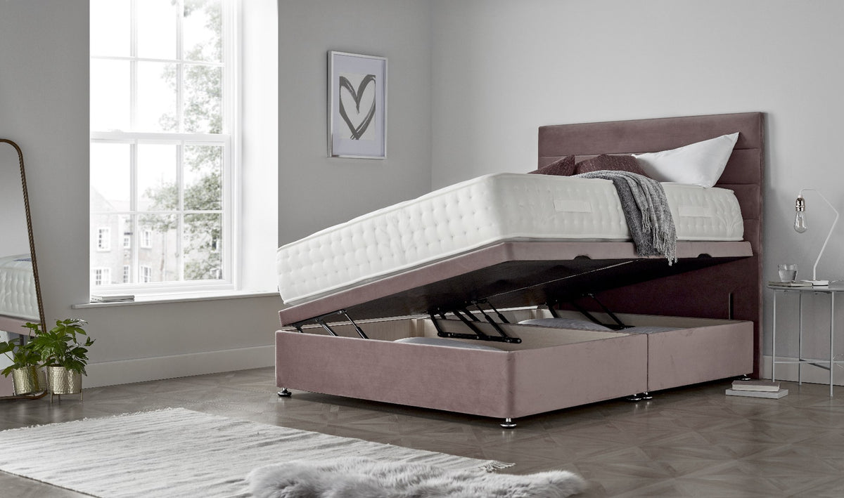 Ottoman Side Lift Storage Bed with the base lifted open to show the full-length storage space